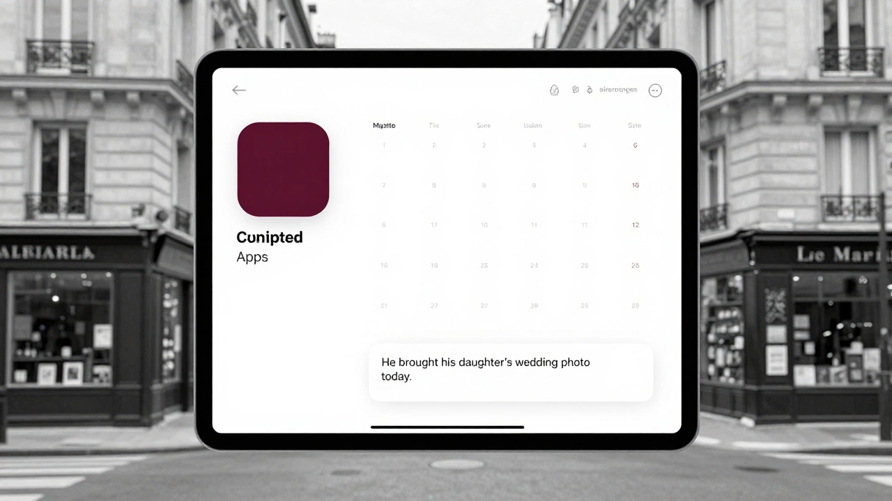 A digital calendar and encrypted messages on a tablet, showing discreet Parisian meeting locations with no faces visible.