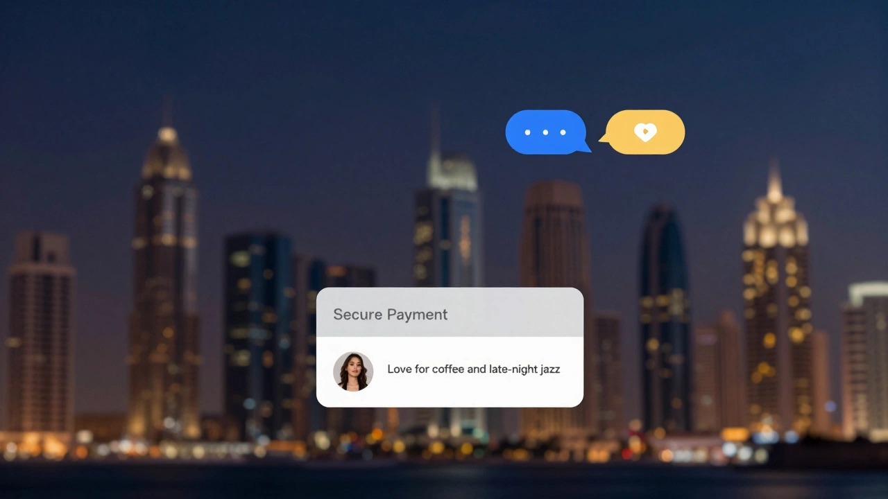 A private digital interface showing encrypted communication and a calm profile, set against Dubai&#039;s twilight skyline.