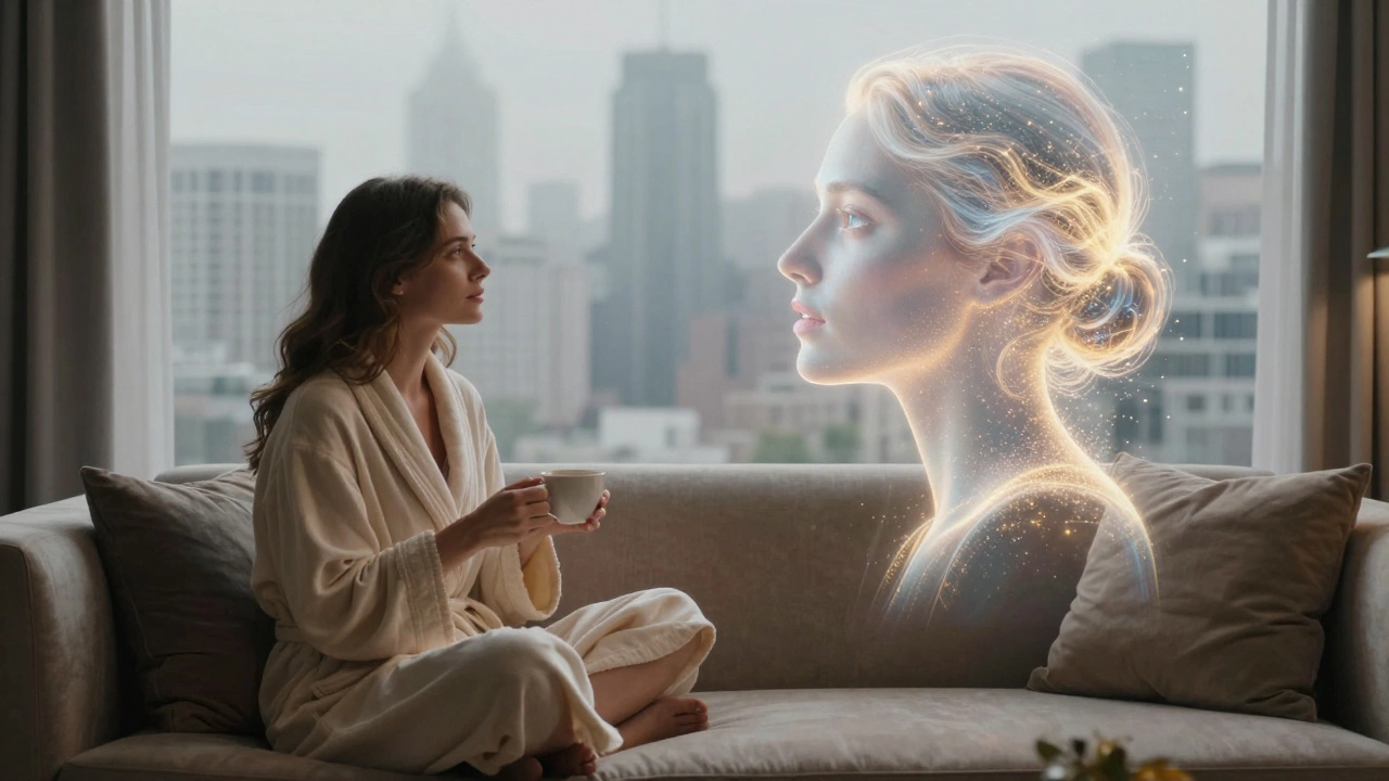 A traveler gazing at a glowing holographic figure, symbolizing emotional connection through technology.