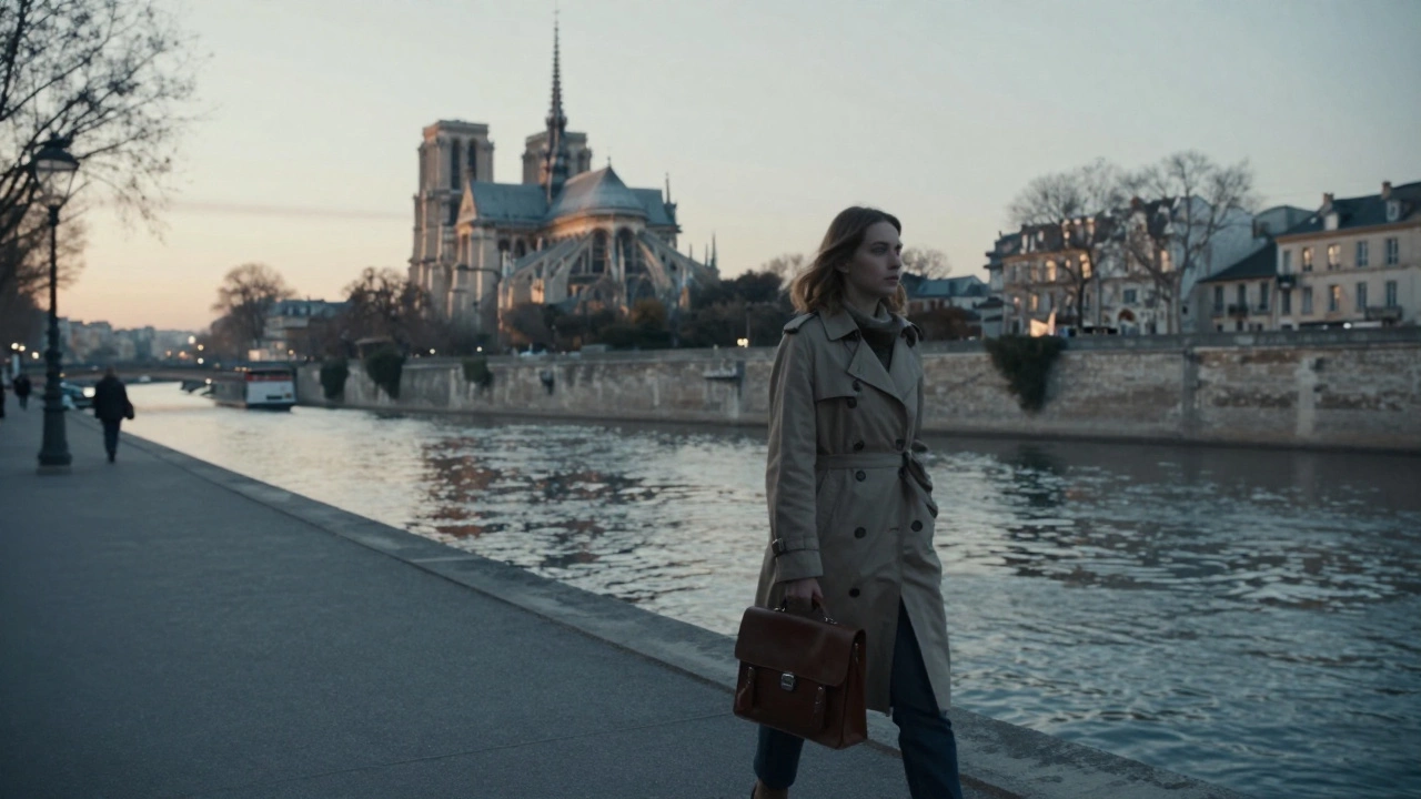 A woman walking alone along the Seine at sunrise, her reflection in the water, Sainte-Chapelle in the distance.